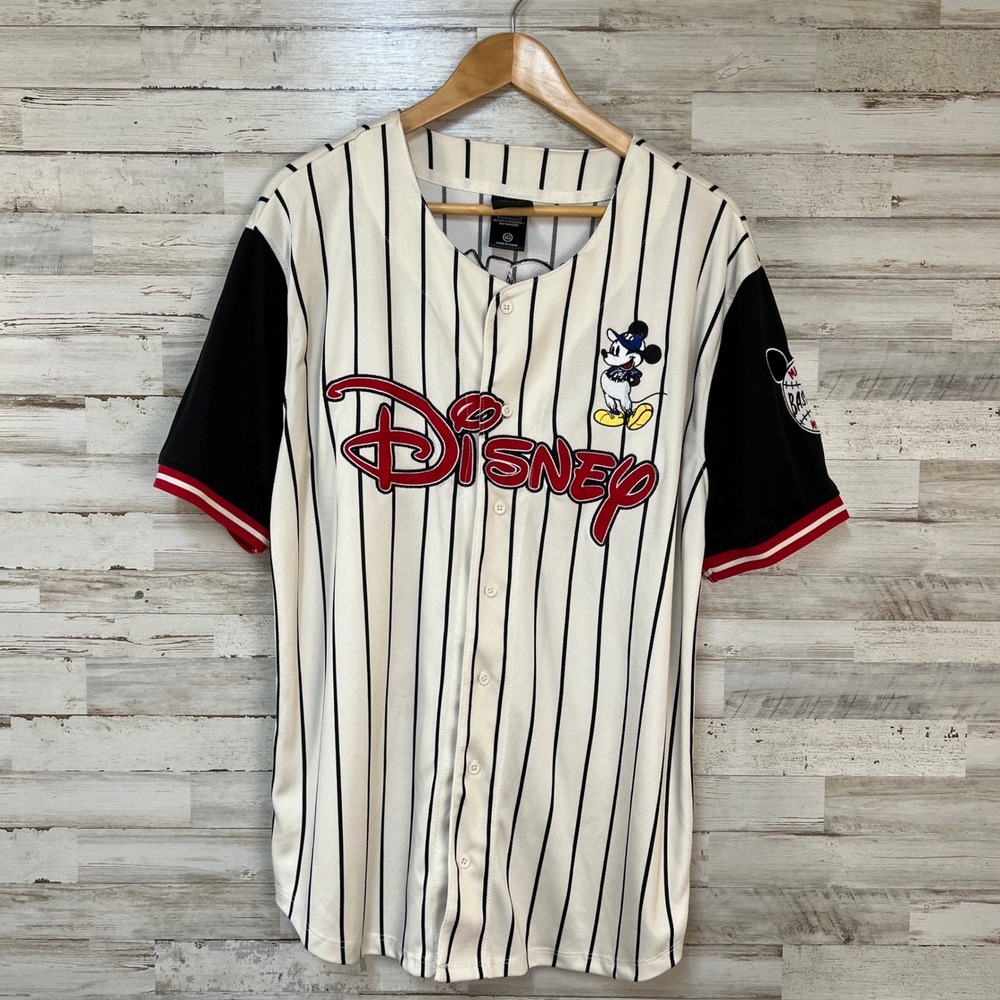 Disney Mickey Mouse Baseball Jersey Unisex L Cream Black Pinstripe Button Front